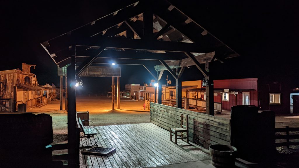 The Main Street of Hualapai Ranch in a ghost town in winter.