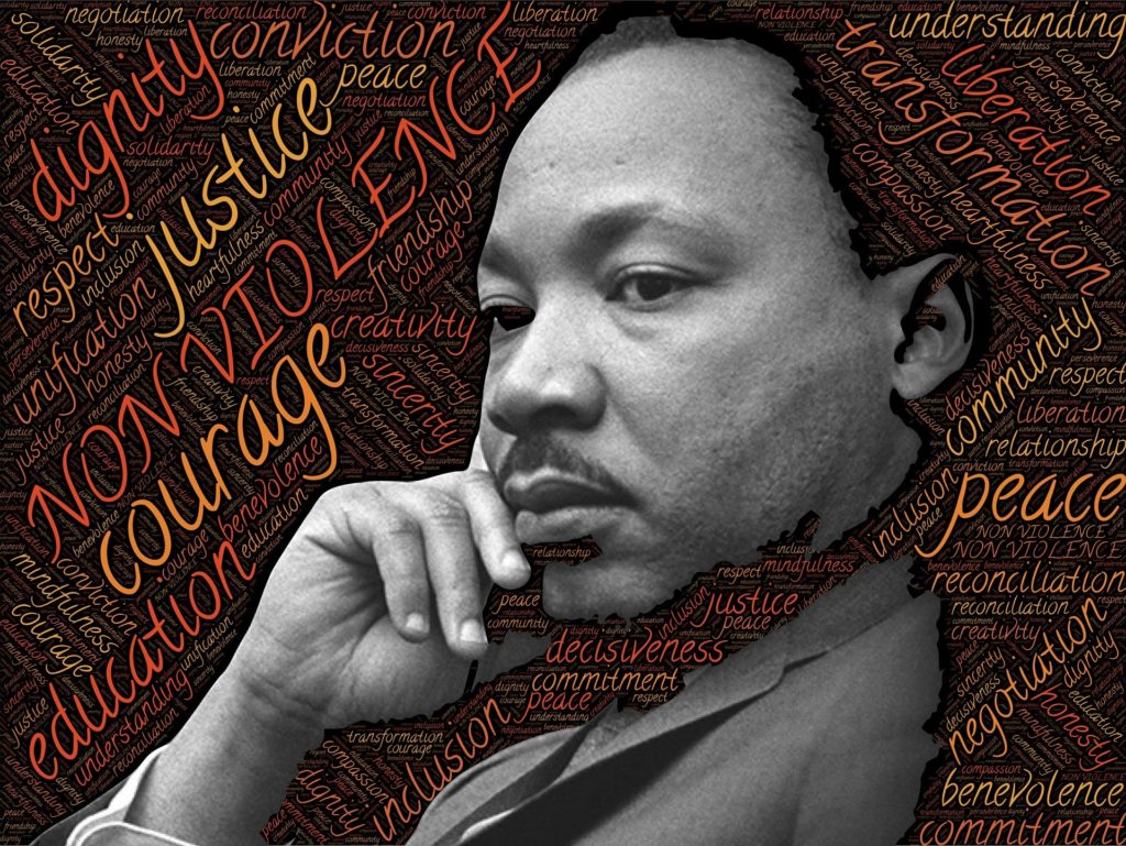 Portrait of Martin Luther King, Jr. surrounded by the names of the principles he fought for, by John Hain courtesy pixabay.