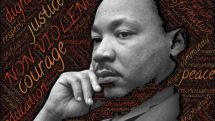 Portrait of Martin Luther King, Jr. surrounded by the names of the principles he fought for, by John Hain courtesy pixabay.