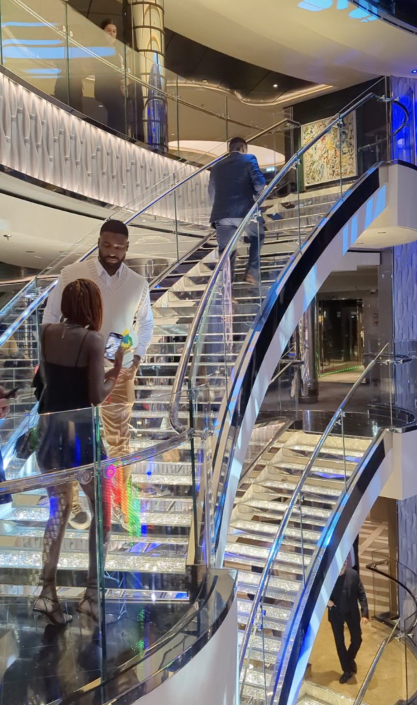 An Insta-worthy Diamond Staircase connects different decks that overlook the atrium of the MSC Seascape.