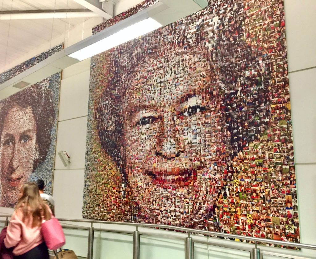 A photo mosaic in tiles of Queen Elizabeth II at Gatwick Airport in the UK.