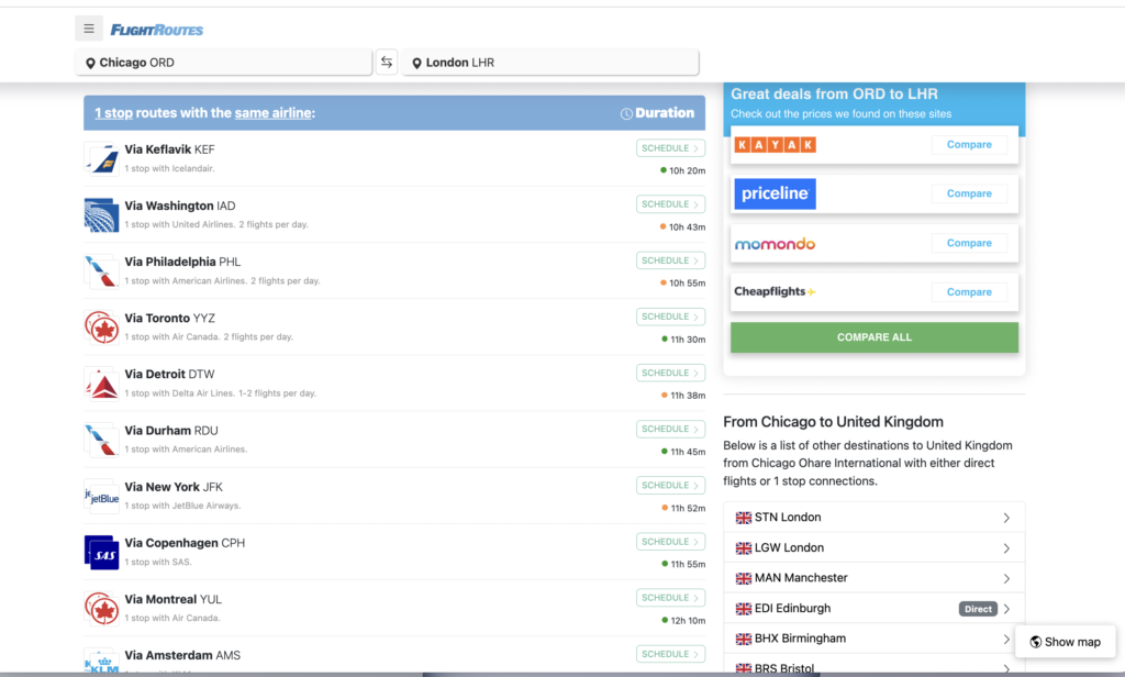 Screenshot from Flightroutes.com showing search for flights from Chicago to London.