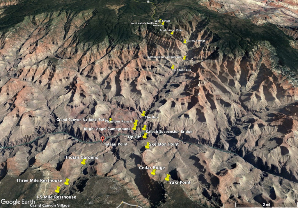 Google Earth aerial view of the major hiking paths from the North and South Rims of the Grand Canyon. Photo c. Kaibab Lodge
