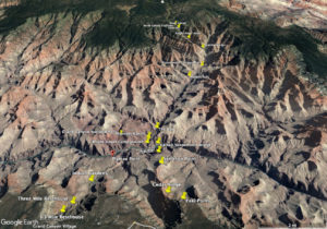Google Earth aerial view of the major hiking paths from the North and South Rims of the Grand Canyon. Photo c. Kaibab Lodge