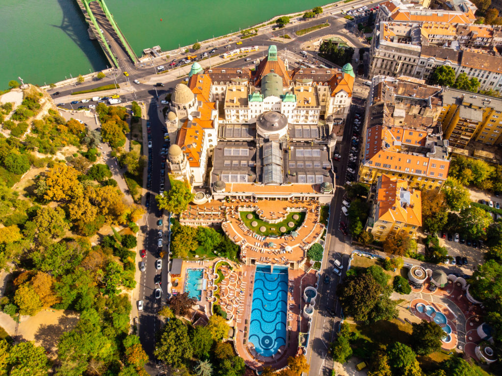 Aerial view of the enormous Gellert Bathouse and Spa in Budapest, Hungary. Photo by B.P. Furdok for VisitHungary.com