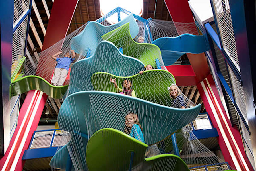 Climbing tower in the lobby of the Lynne Meadows Discovery Center children's museum in Biloxi, Mississippi. Photo c. LMDC