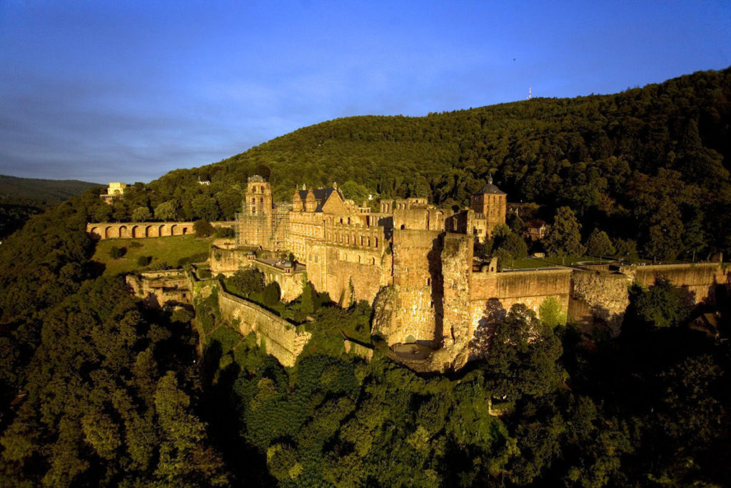 Aerial view of Heidelberg Castle, which towers over the historic town in southern Germany. Photo c. Heidelberg Marketing.