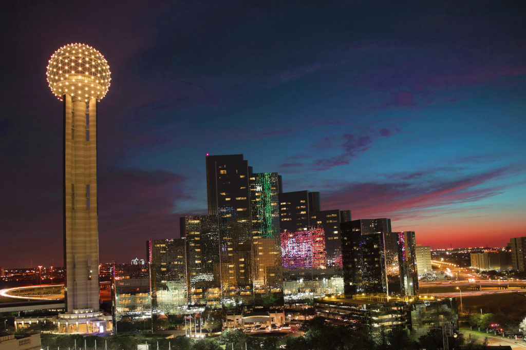 Sunset over the Reunion Tower GeO-Deck in Dallas.