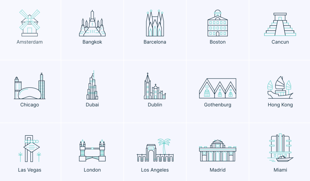 A drawing of city names with a sketch of the most famous landmark in each square to promote Go City attraction passes.