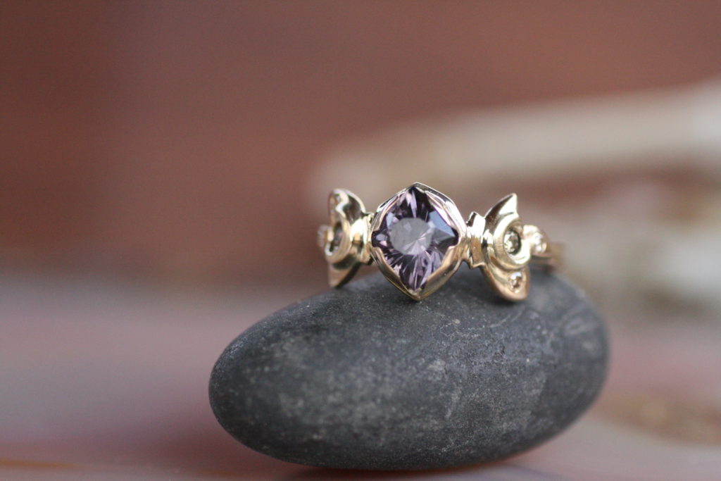 14KY gold engagement ring with a purple spinel and champagne diamonds. Hand fabricated by Lindsey Scot Ernst