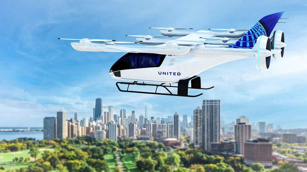Rendering of an eVTOL air taxi developed by Eve Air Mobility. c. United Airlines