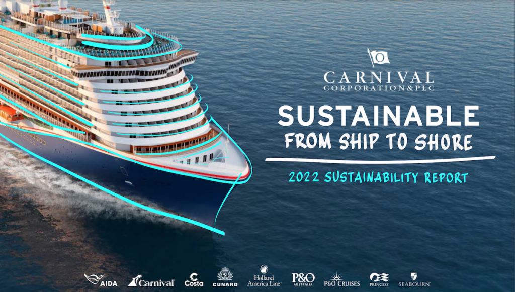 Cover of the 2022 Carnival Corporation & PLC Report on Sustainability throughout their fleet.