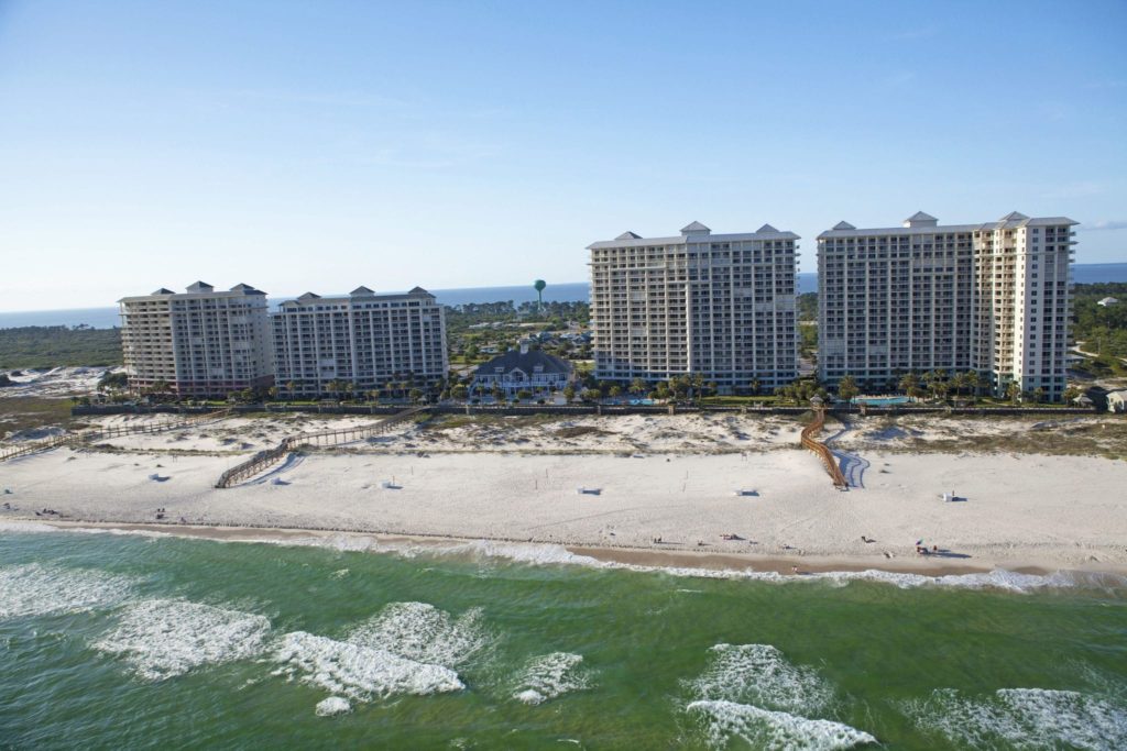 Aierial view of the four beachftront towers at The Beach Club of Gulf Shores, Alabama.