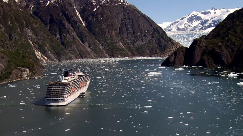Wide angle view of Carnival Miracle cruise ship in Glacier Bay, Alaska.