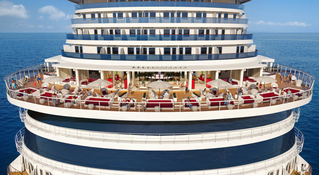 The Carnival Venezia joins the fleet this summer in celebration of Italian design, seen here in a rendering of the Terrazza exterior deck. Graphic c. Carnival. - summer trip ideas
