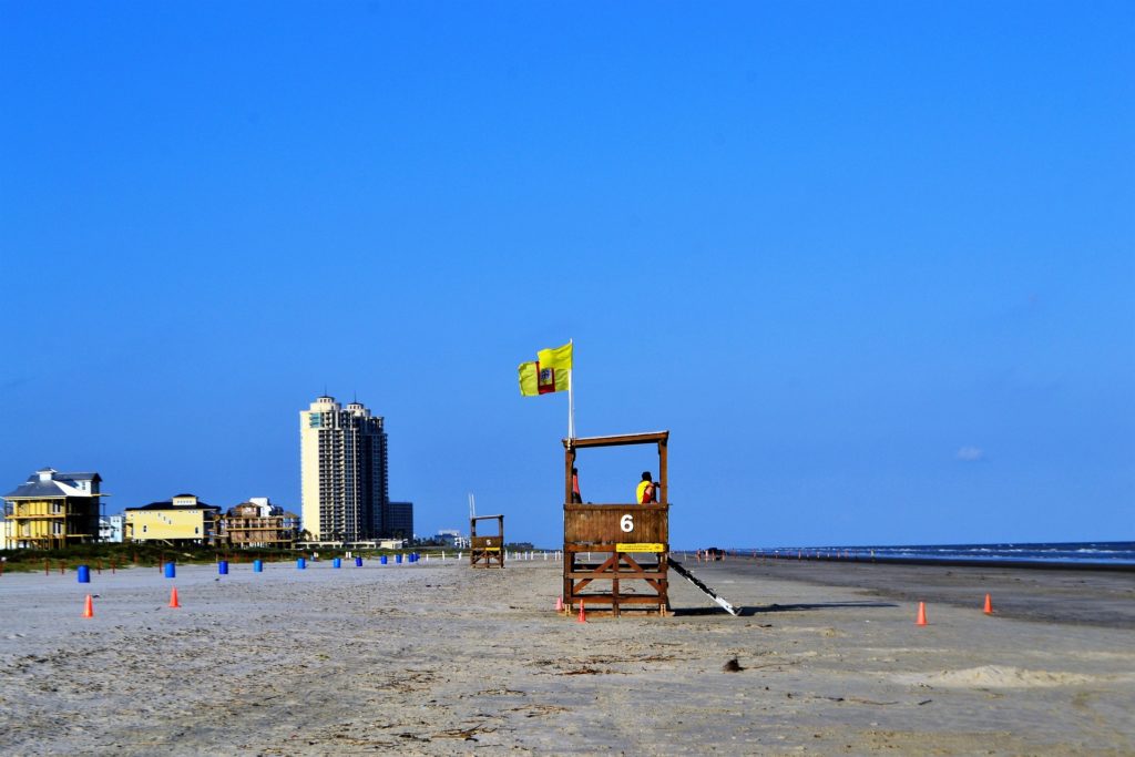 The Galveston Texas beach is empy first thing in the morning when lifeguards arrive to patrol the shore.