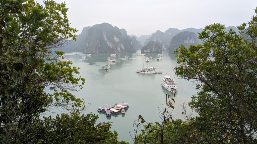 Aerial view from the summit of Titov Island overlooking the many cruise ships at Halong Bay, Vietnam.
