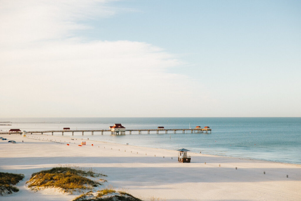 A dawn view of the gorgeous white sand Clearwater Beach without the crowds. Photo c. Sandpearl Resort, Clearwater Beach.
