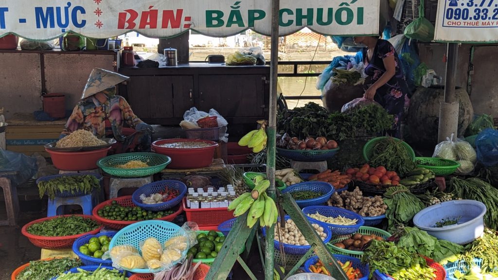 Mulheres vendendo frutas, produtos agrícolas e peixe seco no mercado diário em Sa Dec, Vietnã.
