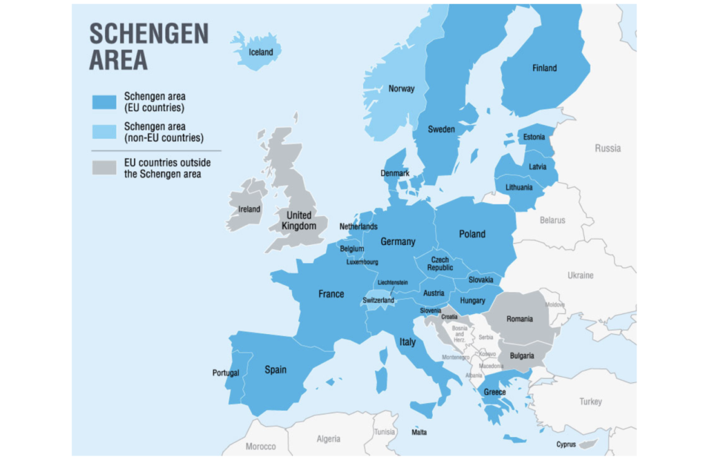 Mapa da zona Schengen com os países destacados em azul.