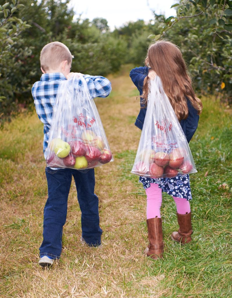 boy and girl carrying bags of apples at an orchard.