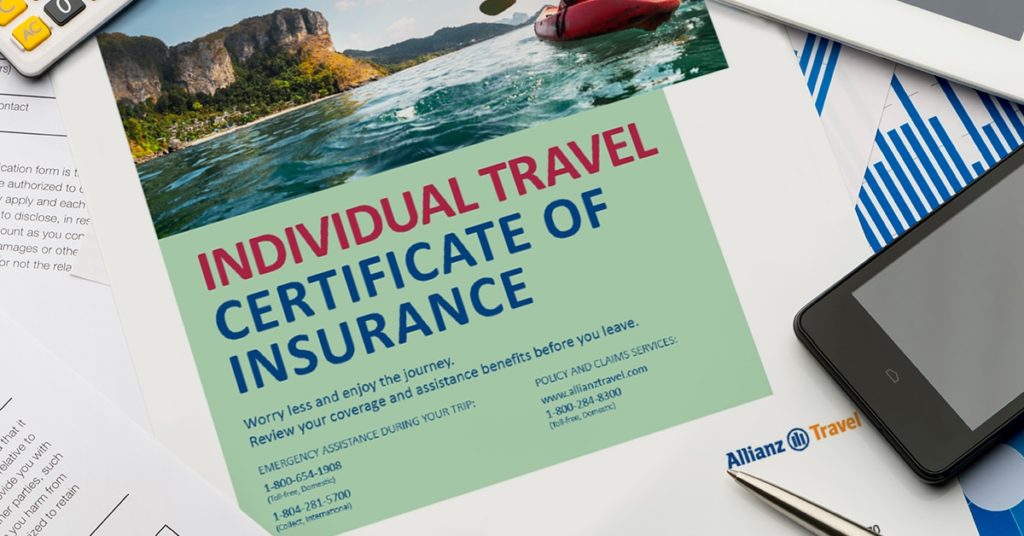 Allianz Travel Insurance policy sitting on a table.