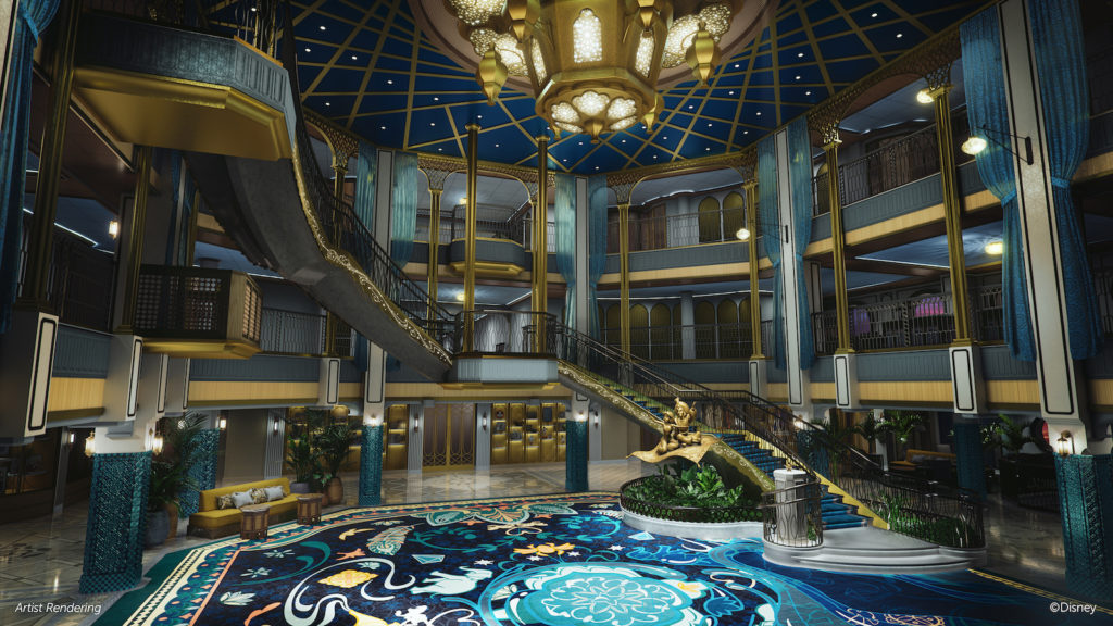 Rendering of the Grand Hall of the new Disney Cruise Line ship, Disney Treasure. Graphic c. Disney Cruise Line.
