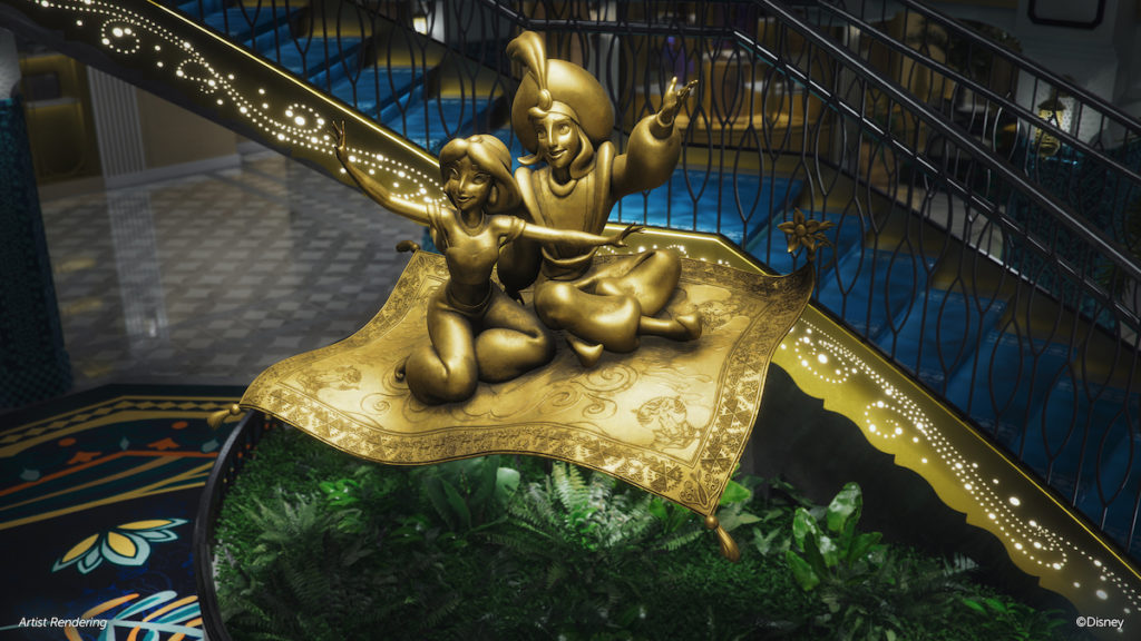 Rendering of Princess Jasmine and Aladdin on their magic carpet, stars of the Grand Hall of the new Disney Cruise Line ship, Disney Treasure. Graphic c. Disney Cruise Line.