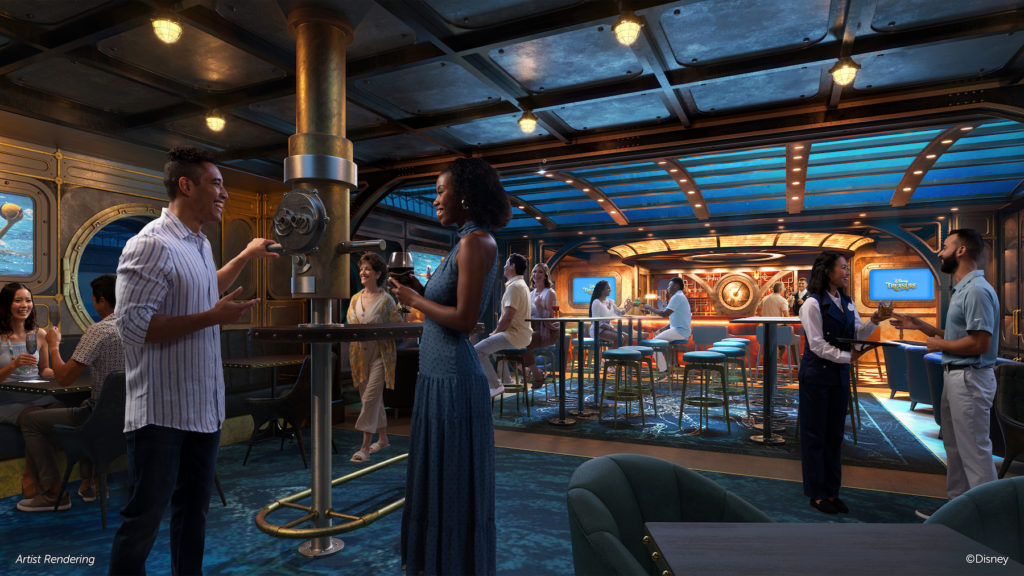 Rendering of the Periscope Pub reveals its submarine decor and glass ceiling showcasing the deep sea above. On the new Disney Cruise Line ship, Disney Treasure. Graphic c. Disney Cruise Line.