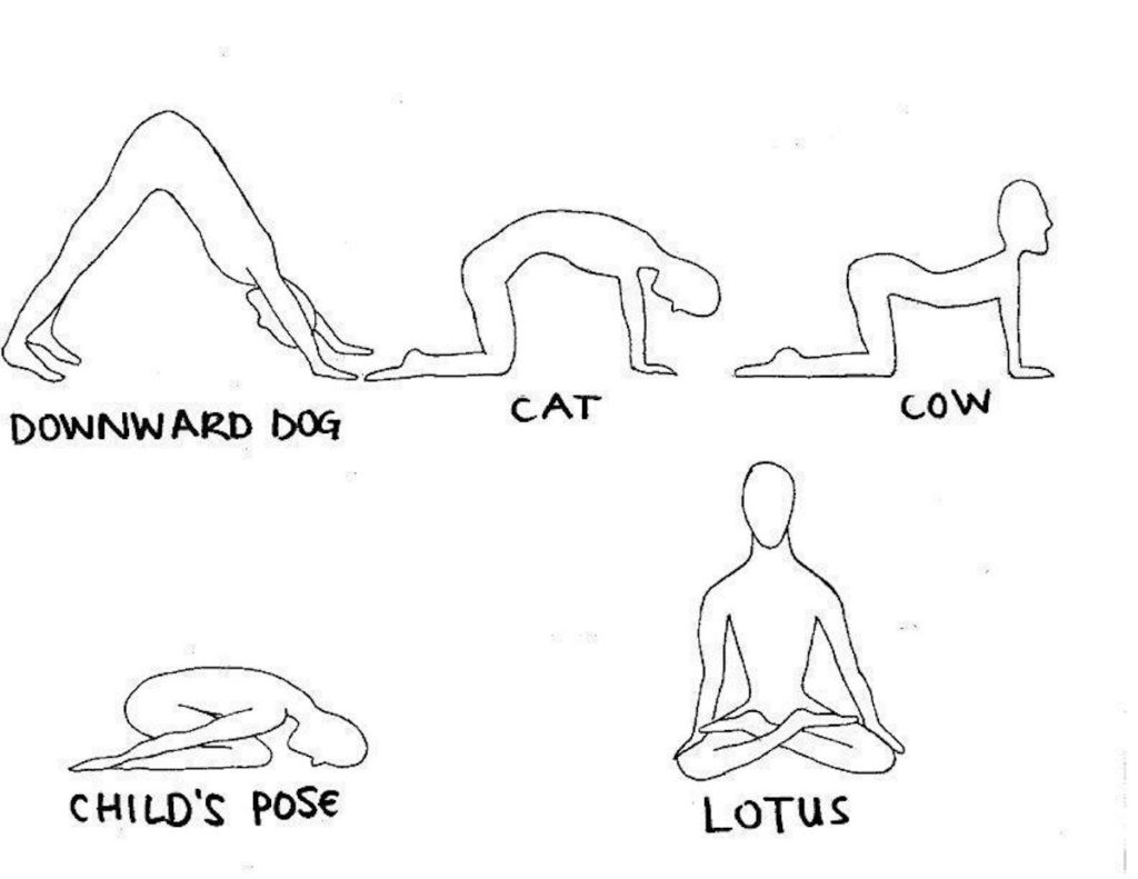 Hand drawn illustrations of common travel yoga poses.