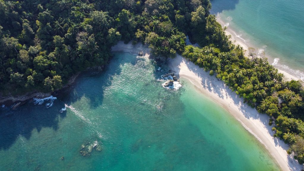 Aerial view of a beach cove in Costa Rica national park.