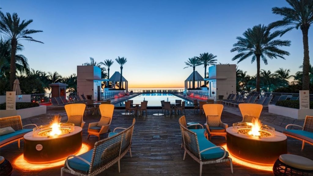 Sunset view of The Hotel Bar at the Diplomat Resort in Hollywood, Florida.