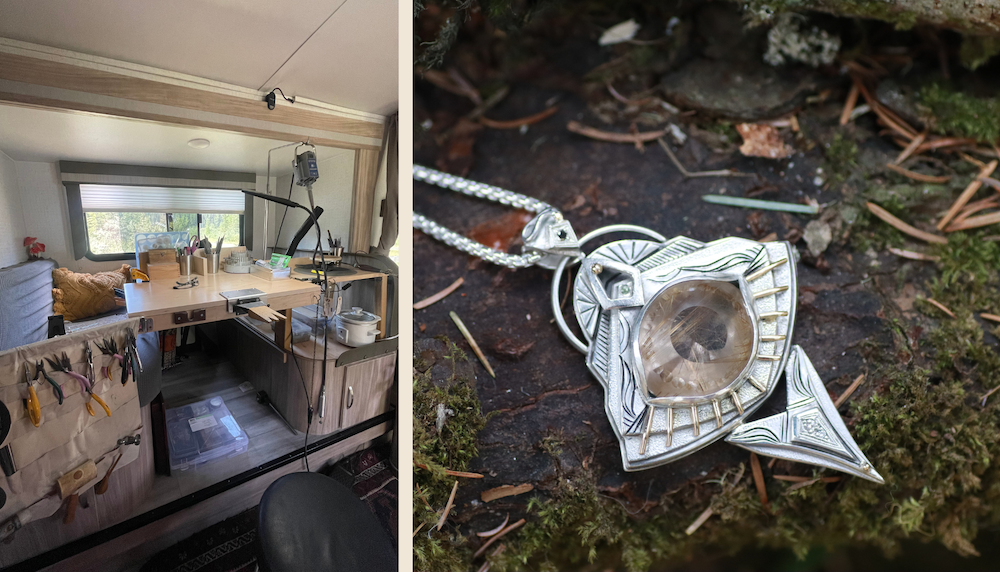 At left, a Jewelry Bench for working remote by fabricating jewelry. At right, a necklace art work on display. Photo by Lindsey Scot Ernst.