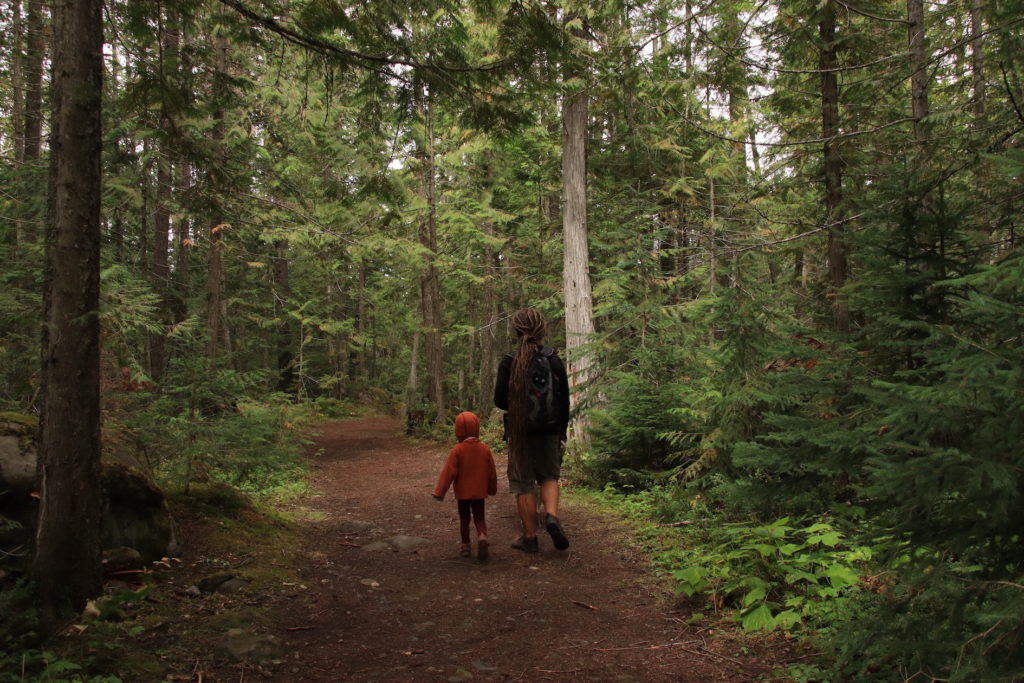 Man and girl walking down dirt trail in Wells Grey Provincial Park, BC. Photo by Lindsey Scot Ernst.