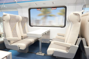 The inside of a Smart Coach car on a Brightline train is a very comfortable yet affordable option for family travelers. Photo c. Brightline