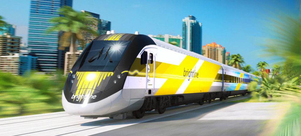 Rendering of a Brightline train traveling at speed thorugh South Florida. Graphic c. Brightline.