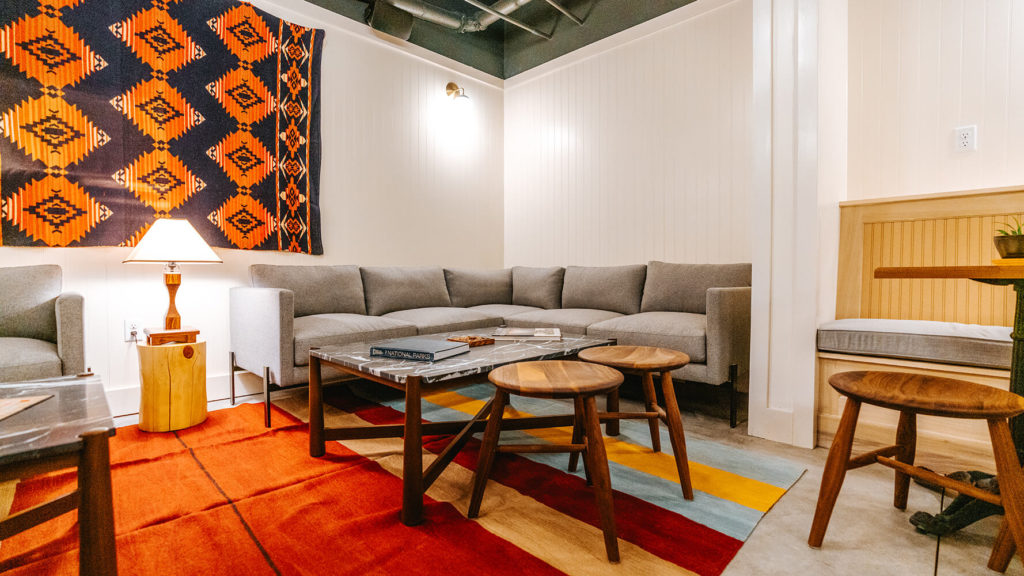 Living area at the Cashe House hostel, part of the Anvil Hotel in Jackson, Wyoming.