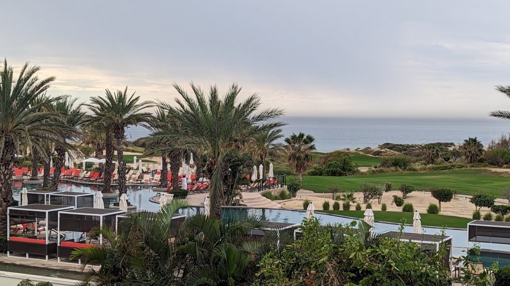 One of the pools seen during our timeshare sales presentation at the adults-only interval ownership resort in Los Cabos is next to the golf course.