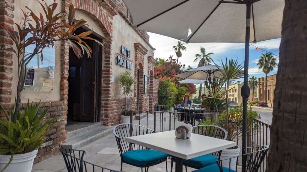 The Hotel Casa Tota and its outdoor cafe are on the main street of sleepy Todos Santos, the quieter side of Los Cabos.