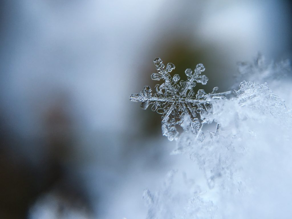 closeup of a snow flake on block of ice.