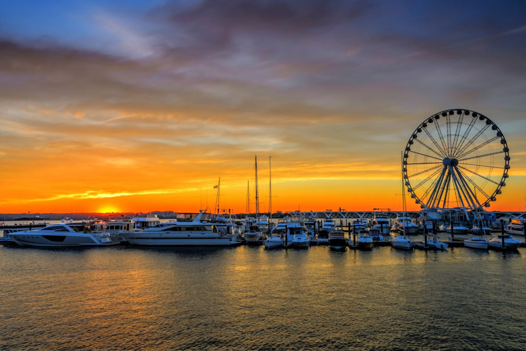 The Ferris wheel dominates the skyline at National Harbor, Maryland, where spring visitors will find a grove of cherry trees.