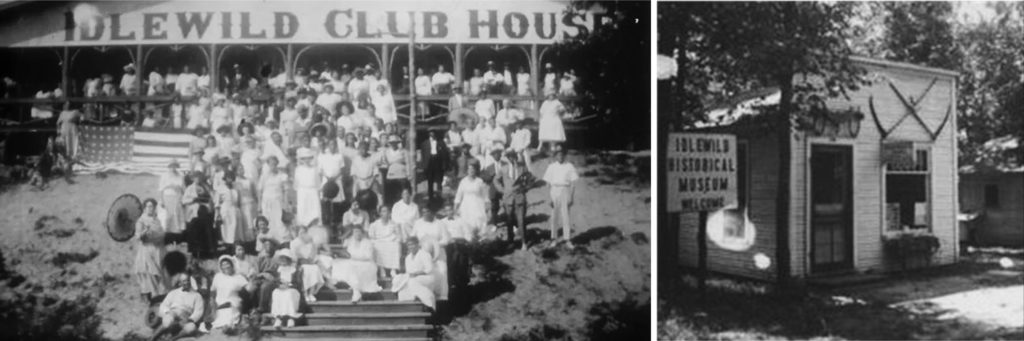 Historic pictures of guests posing outside at Idlewild in front of the resort's clubhouse, and of the original Idlewild Museum. Photos c. Idlewild Historic and Cultural Center.