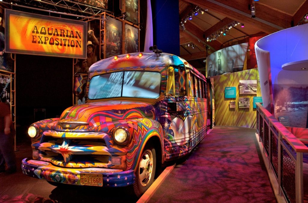 The psychedlic Bethel Bus on display at the Bethel Woods Center for the Arts. Photo c. Bethel Woods Center for the Arts.