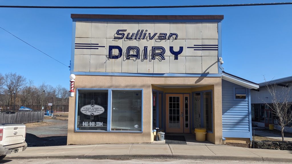 The vintage Sullivan Dairy storefront on the Main Street in Hurleyville, The Catskills, New York.