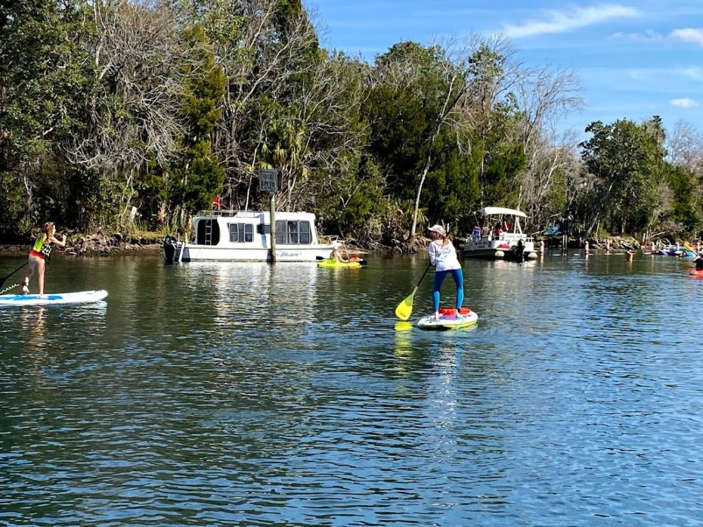 Girls try standup paddleboarding among all the fishing boats at the Pine Island RV Resort in Florida. Photo c. Campspot
