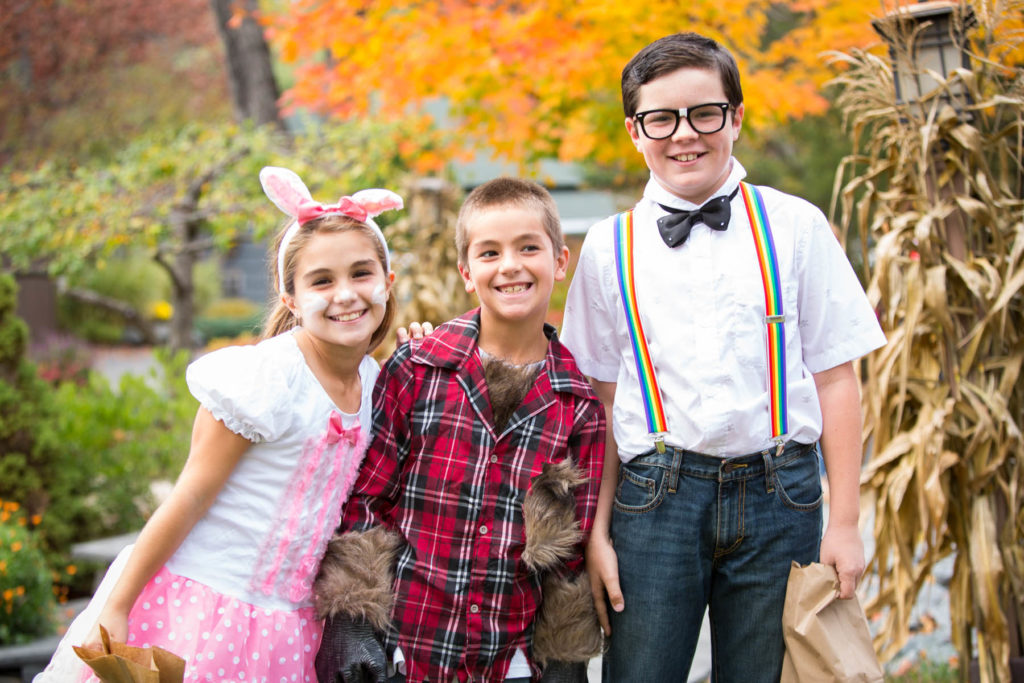 Three kids dressed up in fun clothes for a Halloween party at Woodloch Pines Resort in Pennsylvania. Photo c. Woodloch.com