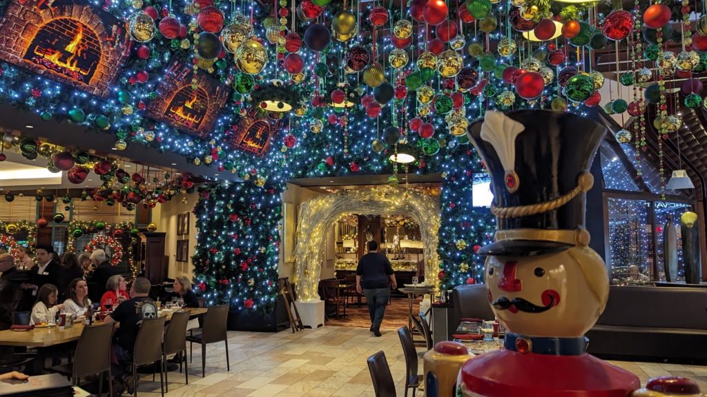 Foxwoods posh steakhouse is beautifully decorated for Breakfast with Santa, a family holiday event at the casino resort.