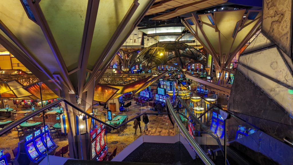 Looking from the aerial Wolf Den dance club down to the casino floor at Mohegan Sun.