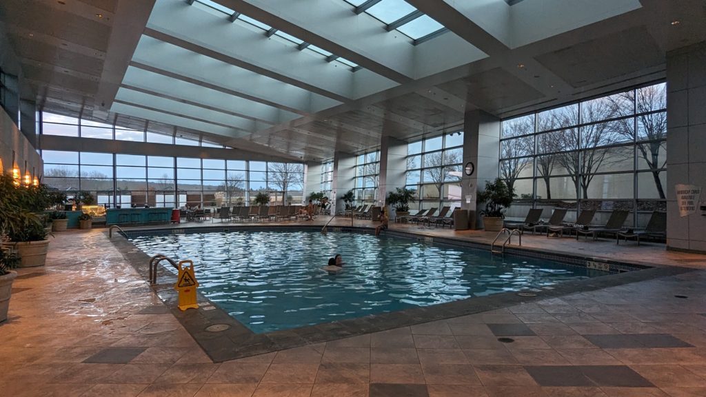 Beautiful spa pool in the Sky Tower at Mohegan Sun casino resort welcomes families all year round.