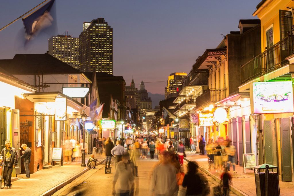 Bourbon Street at night as the lights come on. Photo by Zack Smith/ PhotographyNewOrleans.com